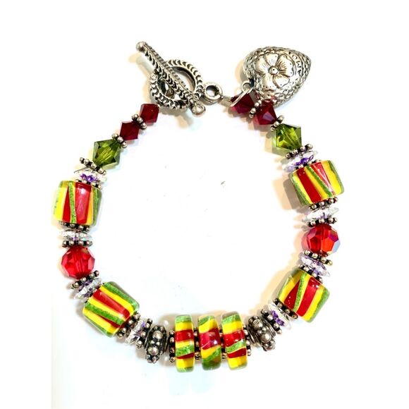 Handmade Lampwork Beads Red Yellow Green with Heart Charm #vintage #festive - Picture 3 of 7